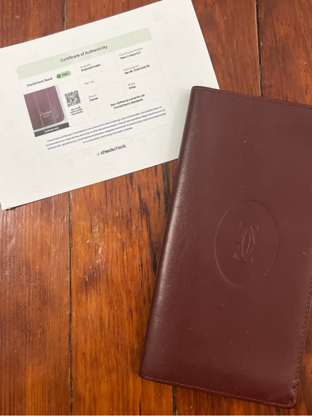 Cartier Burgundy Leather Long Wallet with Embossed Double C